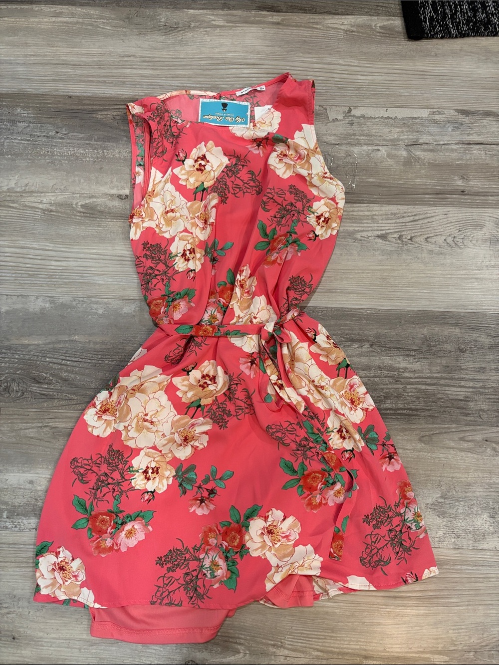 Staccato Coral Floral Sleeveless Tie-Waist Mini Dress